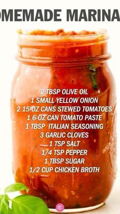 homemade marinara sauce in a jar with instructions on how to use it for cooking