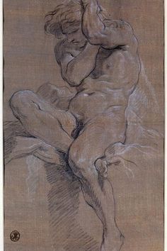 a drawing of a naked man sitting on the ground with his hands behind his head