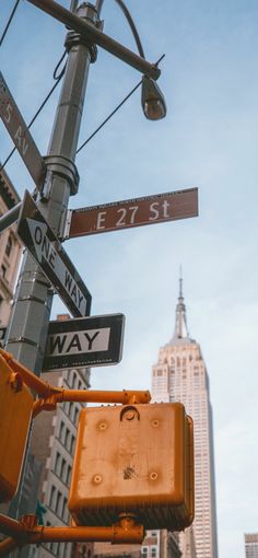 the street sign is clearly visible for us to see in this photo, and it's not too far from the empire state building