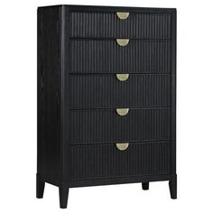 an image of a black dresser with gold knobs on the top and bottom drawers