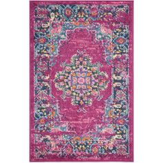 a pink and blue rug with an ornate design on the center, in front of a white