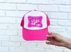 Hot Pink and White Trucker Hat with Hot Pink Design (DTF) Pink Trucker Hat, Lake Time, Pink Vibes, Pontoon Boat, Pink Design, Lake Life, Beach Summer, Ball Cap, Trucker Cap