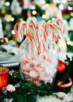 candy canes in a glass jar on a table