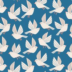 a blue background with white birds flying in the air and on top of each other