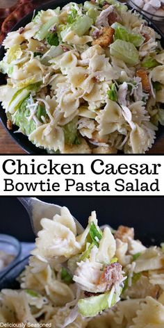 this chicken caesar bowl is loaded with pasta salad and it's ready to be eaten