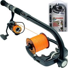 a fishing rod and reel with an orange spool