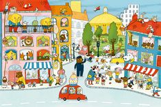 an image of a cartoon city scene with people and animals on the streets in it