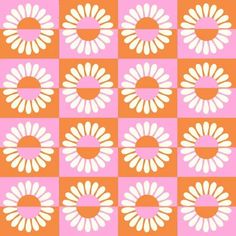 an orange and white checkered pattern with flowers in the center on a pink background