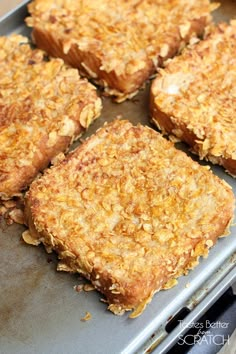 four pieces of food sitting on top of a baking pan covered in oatmeal