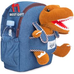 a backpack with a stuffed dinosaur attached to the front and back pocket, which has a water bottle in it