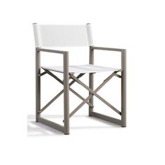 a white plastic chair sitting next to a gray metal frame and armrest on a white background