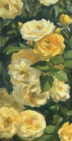 an oil painting of yellow and white roses