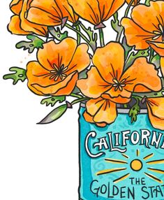 an orange flower arrangement in a blue can with the words california on it's side