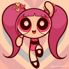 a cartoon girl with long pink hair and flowers on her head, standing in front of a heart