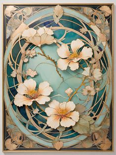 an art work with flowers and leaves on the inside of a circular glass paneled in gold