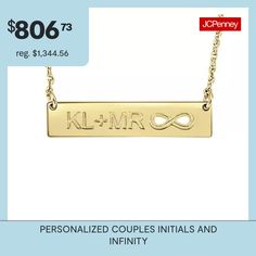 Metal: Sterling silver, 10K white or yellow gold; 14K rose, white or yellow gold; 24K yellow gold over silver or rose gold over silverClosure: Spring-ringDimensions: 18" long rope chainPendant Size: 6.5x30mmPersonalization: 2 sets of initialsFeatures: Personalized, Initials, EngraveableShape: Infinity, BarMetal Color: YellowChain Length: 18 InchChain Width: .85 MillimetersChain Construction: RopeMetal: 14k GoldNecklace Type: Pendant NecklacesAssembled in the US from Imported Materials Couples Initials, Long Rope, Bar Pendant Necklace, Personalized Couple, Bar Pendant, 2 Set, Or Rose, Initials, Yellow Gold