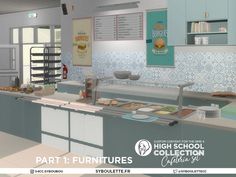 the interior of a high school kitchen with blue and white wallpaper