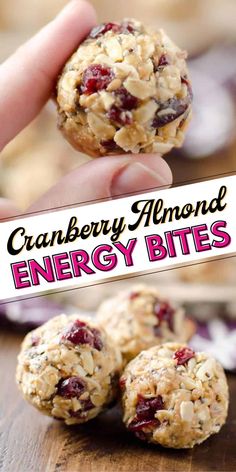 cranberry almond energy bites are being held up in front of the camera, with text overlay