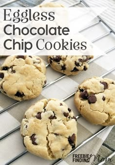 eggless chocolate chip cookies on a cooling rack with text overlay that reads eggless chocolate chip cookies