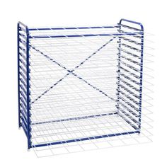 a large metal storage rack with blue handles