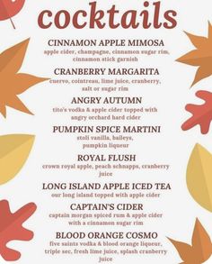 a menu for cocktails with autumn leaves