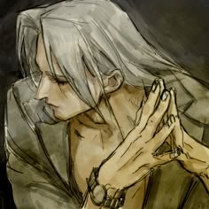 a drawing of a man with white hair holding his hands together