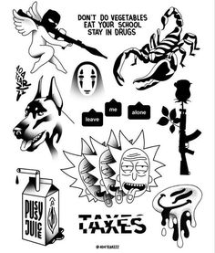 some stickers that are on the side of a white wall and black and white