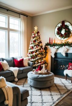 the living room is decorated for christmas with red and white decorations