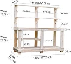 the measurements for a wooden shelf with shelves on each side and two levels above it