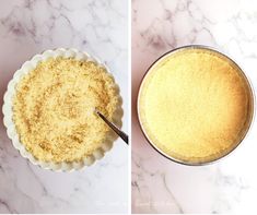 two images side by side one shows a pie and the other shows a bowl with cake crumbs in it