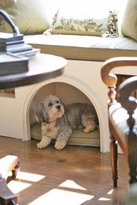 a dog is sitting in his bed under the table