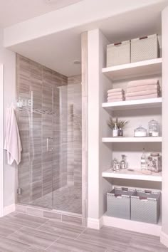 a walk in shower sitting inside of a bathroom