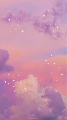 the sky is filled with white clouds and stars in the pink, blue, and purple hues