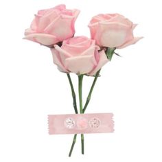 three pink roses are in a bouquet with a ribbon around it's end, and the stems have been placed on top of each other flowers