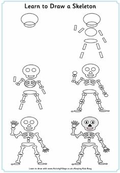 the skeleton drawing is shown in three different ways to learn how to draw and color