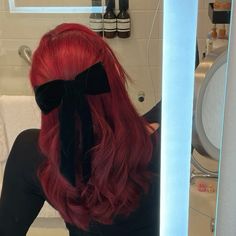 #bows #redhair Red Aesthetic Hair, Red Hair Bow Outfit, Red Haired Girl Aesthetic, Red Ribbon Hair Aesthetic, Redhair Outfit, Red Hair Coquette, Red Hair Aesthetic Faceless, Rp Highlights, Red Bow In Hair Aesthetic