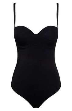 Sculpt your form in this elegant bodysuit featuring a built-in bandeau bra, a no-show thong back and a reinforced midsection with corsetry details. Removable, adjustable straps Cups lined with 94% cotton, 6% elastane 80% polyamide, 20% elastane Hand wash, line dry Made in Croatia Black Shapewear, Wolford Bodysuit, Elegant Bodysuit, Bra Cup Sizes, Shapewear Bodysuit, Bandeau Bra, Fashion Fits, Fashion House, Black Bodysuit