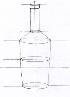 a line drawing of a bottle with the top and bottom half drawn in three different directions