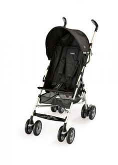 the stroller is black and has wheels