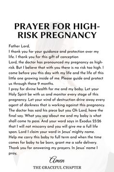 the prayer for high - risk pregancy is shown in black and white with an image of a woman's face