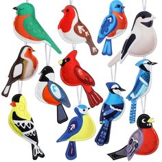 a bunch of colorful birds hanging from clothes pins