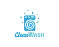 the logo for clean wash is blue and has stars around it, as well as an image of a washing machine