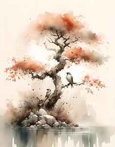 a painting of a tree with two birds perched on it