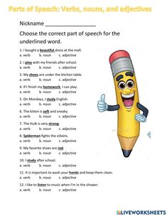 a yellow pencil with the words, parts of speech and an image of a cartoon character