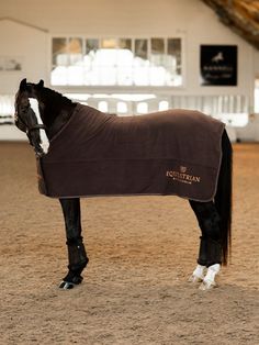 a horse wearing a blanket standing in an indoor arena