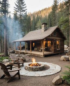 a log cabin with a fire pit in the foreground