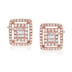 Ross-Simons - .40ct t. w. Baguette, Round Diamond Frame Earrings in 18kt Rose Gold. As pretty as a picture. A center rectangle features a portrait of baguette and round diamonds and is bordered by more diamonds on a sweet backdrop of polished 18kt rose gold. Ideal for everyday wear, these beauties will elevate your look every time you wear them. Post/clutch, diamond frame earrings. Diamond birthstones are the perfect gift for April birthdays. Frame Earrings, April Birthday, Diamond Frame, Diamond Birthstone, Earrings Diamond, Fine Jewellery Earrings, Round Diamond, Round Diamonds, Diamond Earrings