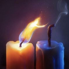 two lit candles with one burning and the other being turned on by a candle lighter