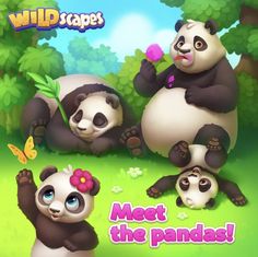 three pandas are sitting in the grass and one has a flower on its head