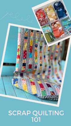 the cover of scrap quilting 101, with two pictures of different fabrics on it